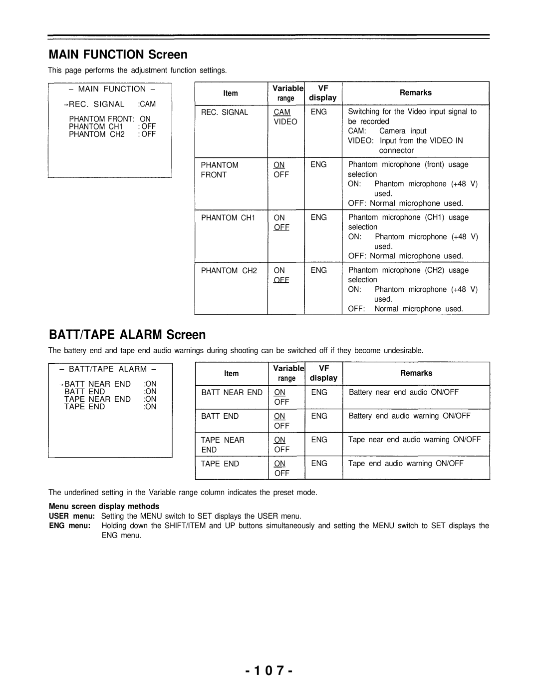 Panasonic AJ-D700P operating instructions Main Function Screen, Variable VF range display, Variable Remarks 