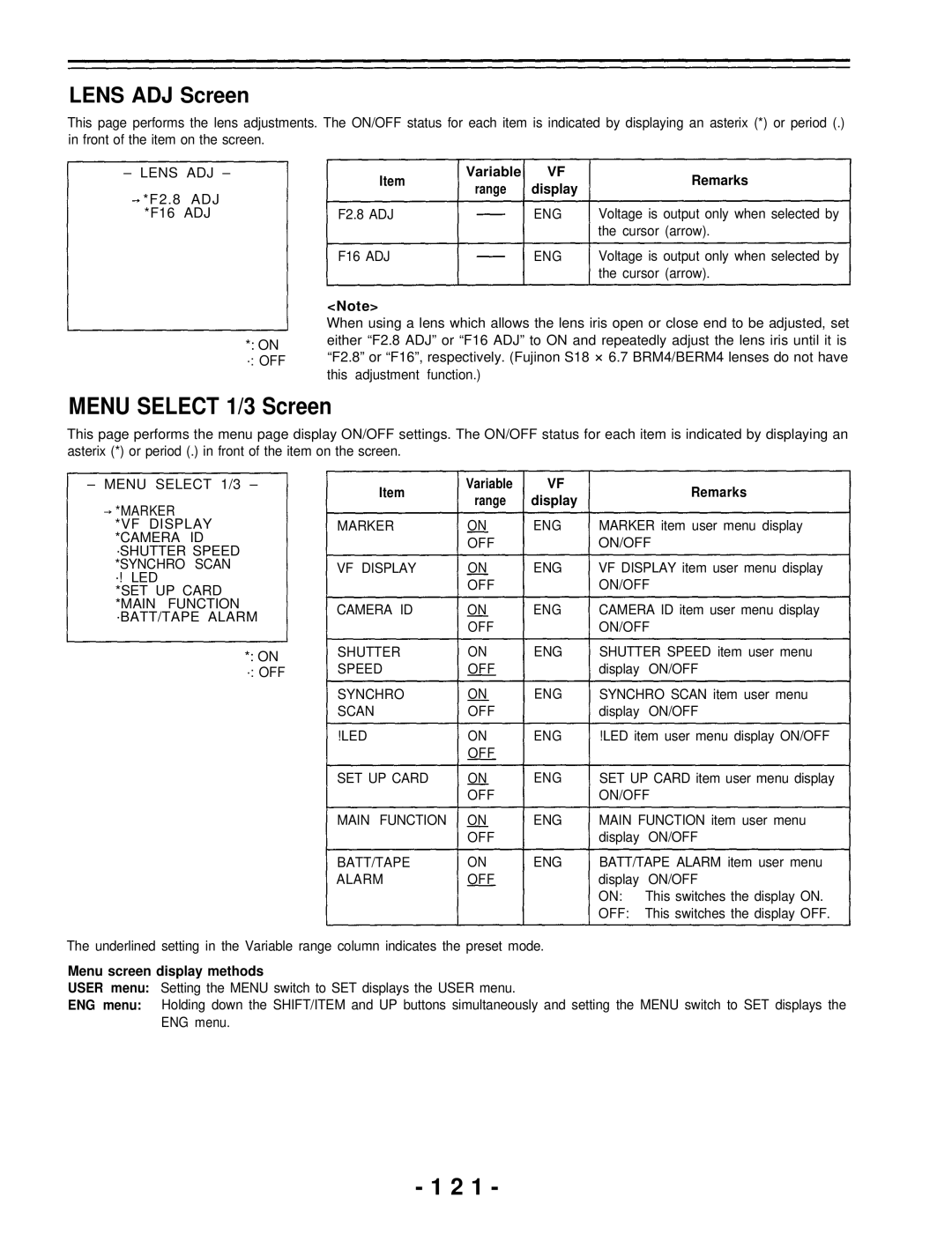 Panasonic AJ-D700P operating instructions Lens ADJ Screen, Adj, ADJ F16 ADJ ENG, Menu Select 1/3, On/Off 