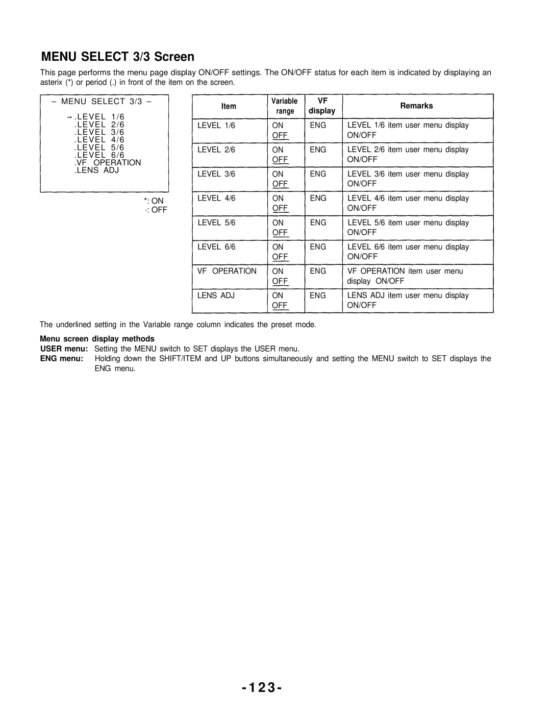 Panasonic AJ-D700P operating instructions Menu Select 3/3 Screen, OFF Level 5/6 ENG Level 6/6 VF Operation Lens ADJ 