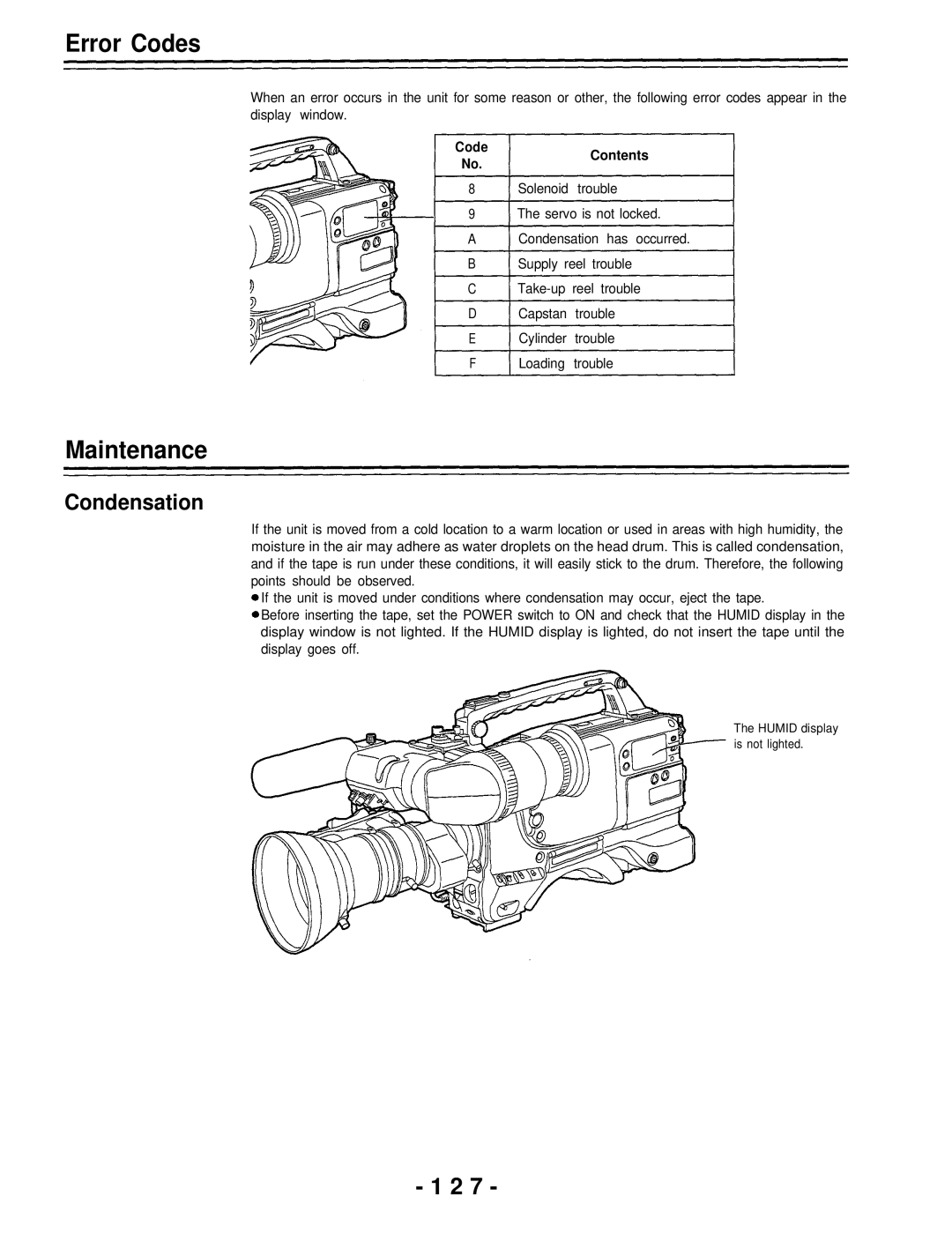 Panasonic AJ-D700P operating instructions Error Codes, Maintenance, Condensation, Contents 