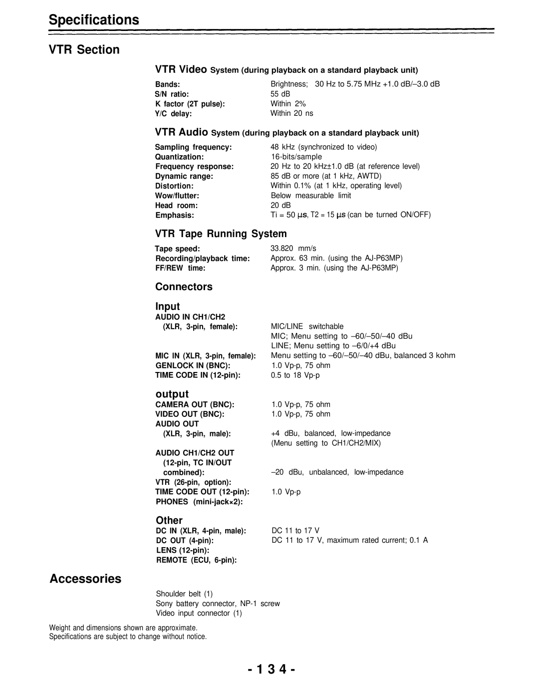 Panasonic AJ-D700P operating instructions VTR Section, Accessories 