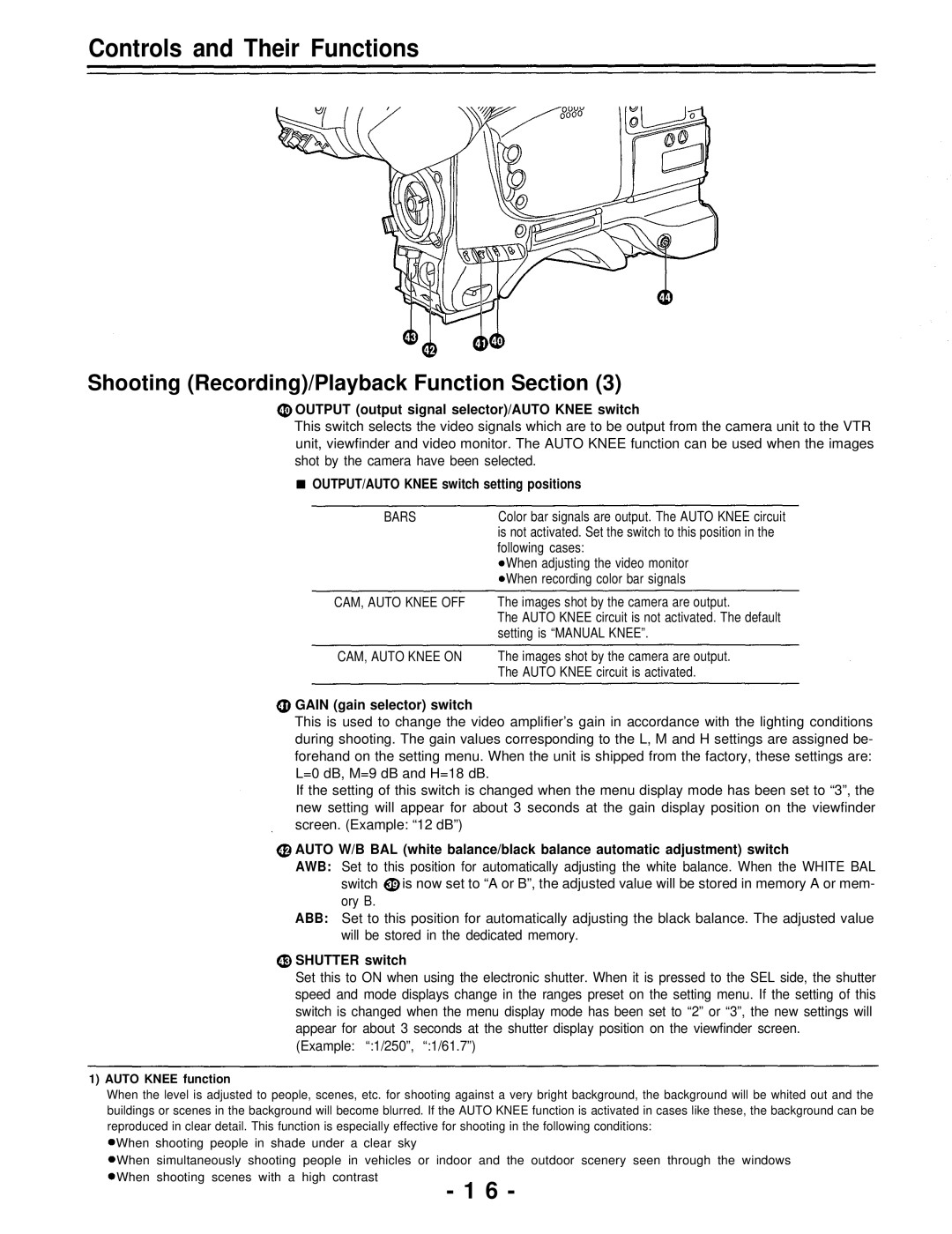 Panasonic AJ-D700P Output output signal selector/AUTO Knee switch, OUTPUT/AUTO Knee switch setting positions 