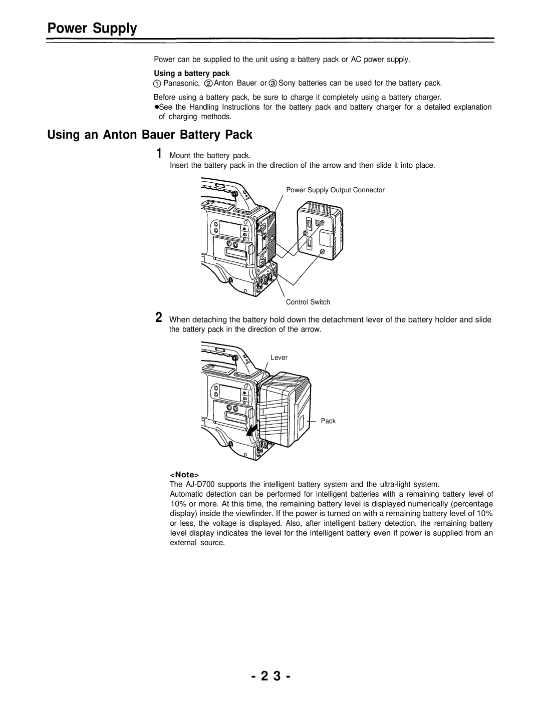 Panasonic AJ-D700P operating instructions Power Supply, Using an Anton Bauer Battery Pack, Using a battery pack 