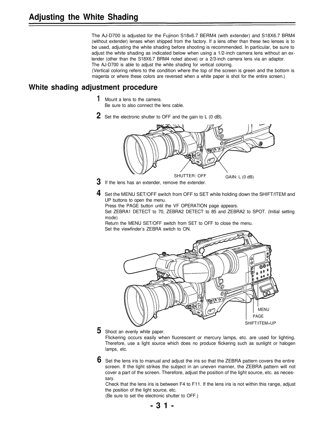 Panasonic AJ-D700P operating instructions Adjusting the White Shading, White shading adjustment procedure 