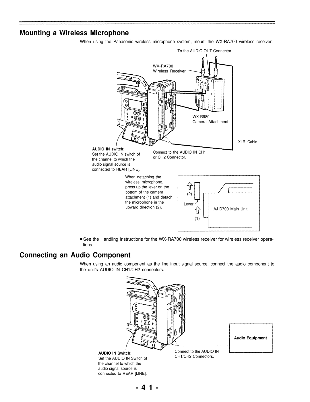 Panasonic AJ-D700P operating instructions Mounting a Wireless Microphone, Connecting an Audio Component 