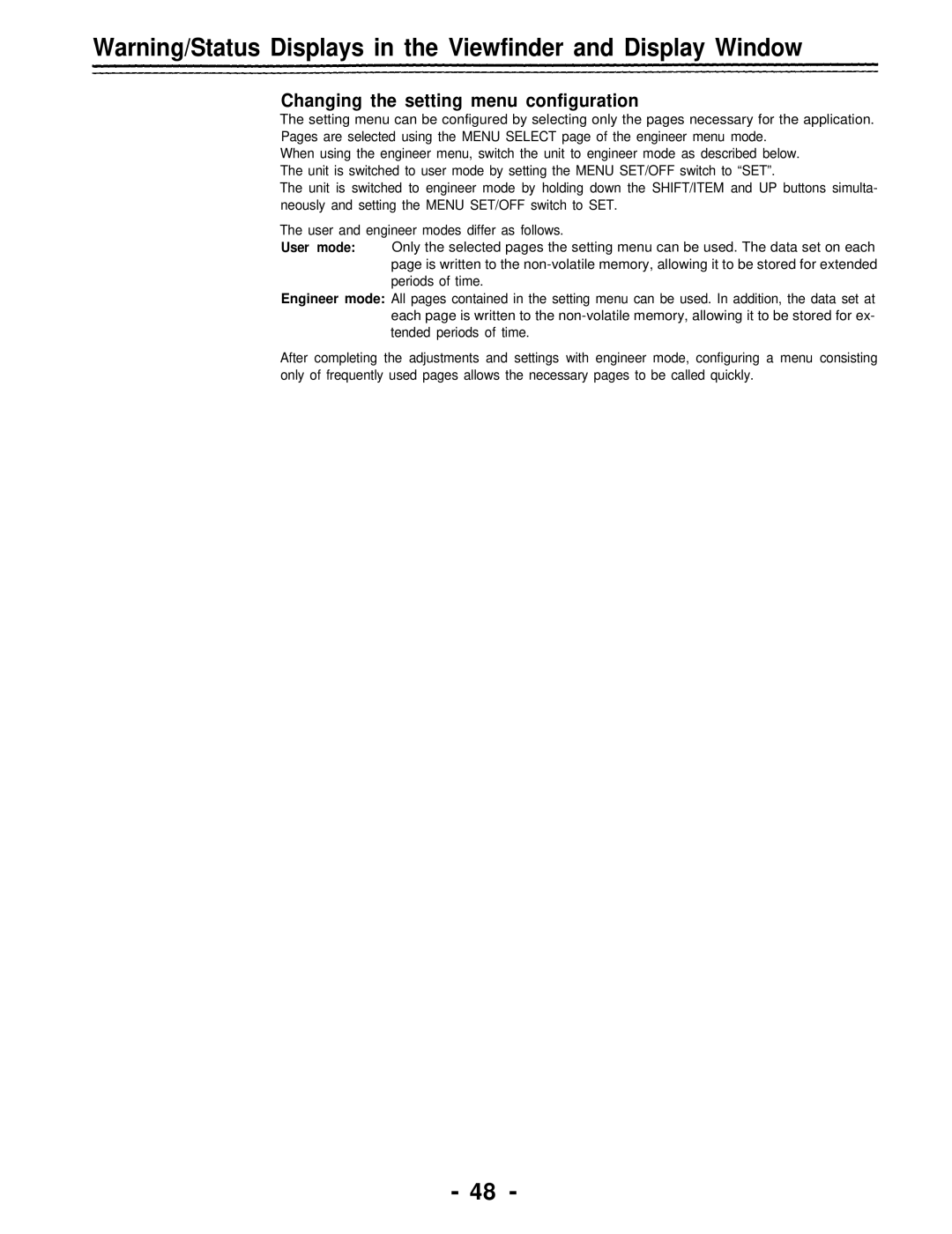 Panasonic AJ-D700P operating instructions Changing the setting menu configuration 