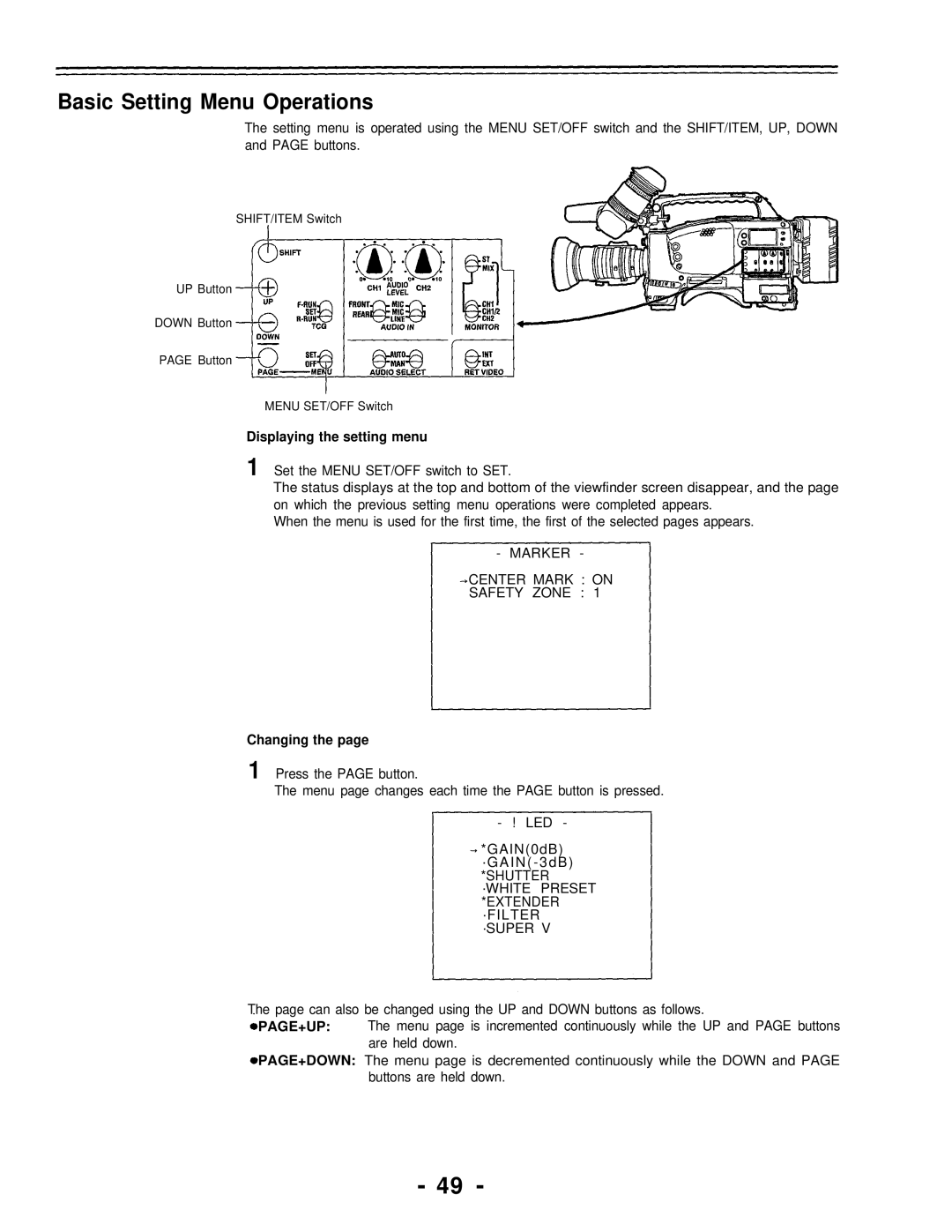 Panasonic AJ-D700P Basic Setting Menu Operations, Displaying the setting menu, Marker Center Mark on Safety Zone, Changing 