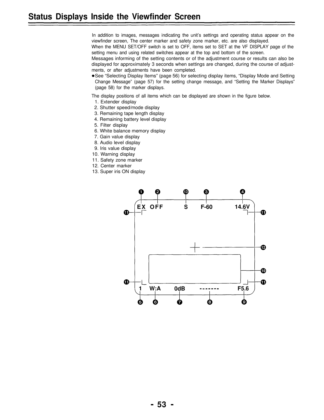 Panasonic AJ-D700P operating instructions Status Displays Inside the Viewfinder Screen 