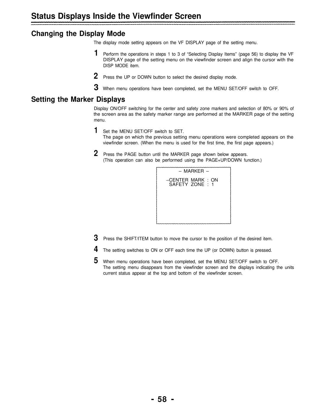 Panasonic AJ-D700P operating instructions Changing the Display Mode, Setting the Marker Displays 