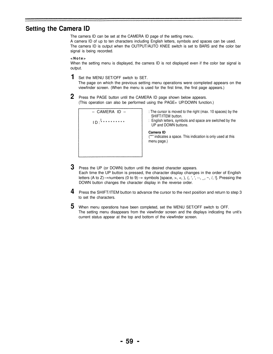 Panasonic AJ-D700P operating instructions Setting the Camera ID 