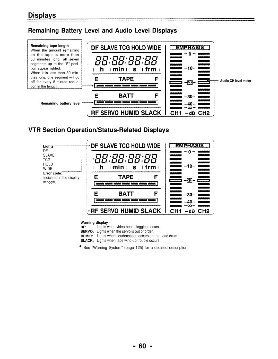 Panasonic AJ-D700P Remaining Battery Level and Audio Level Displays, VTR Section Operation/Status-Related Displays 