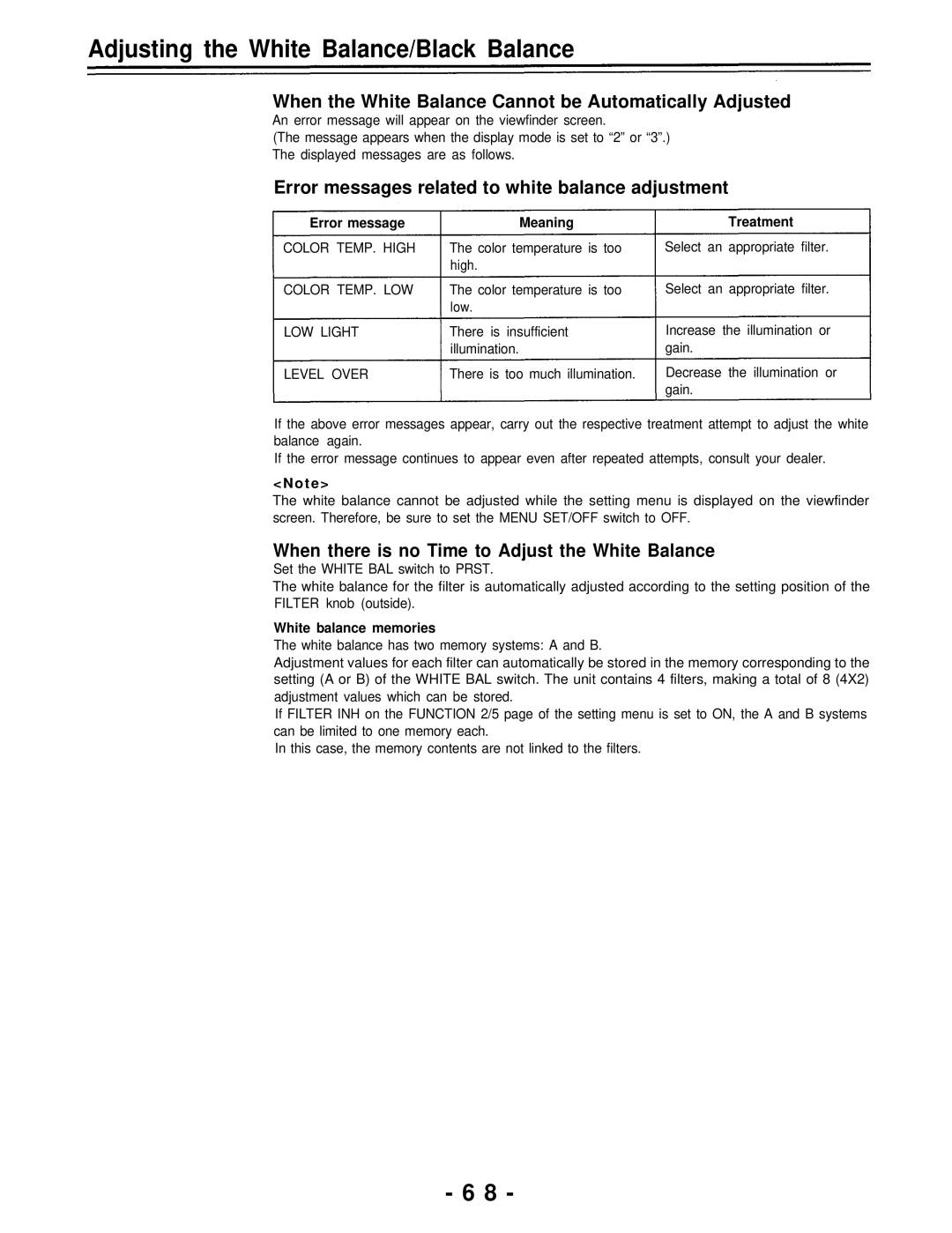 Panasonic AJ-D700P operating instructions When the White Balance Cannot be Automatically Adjusted 