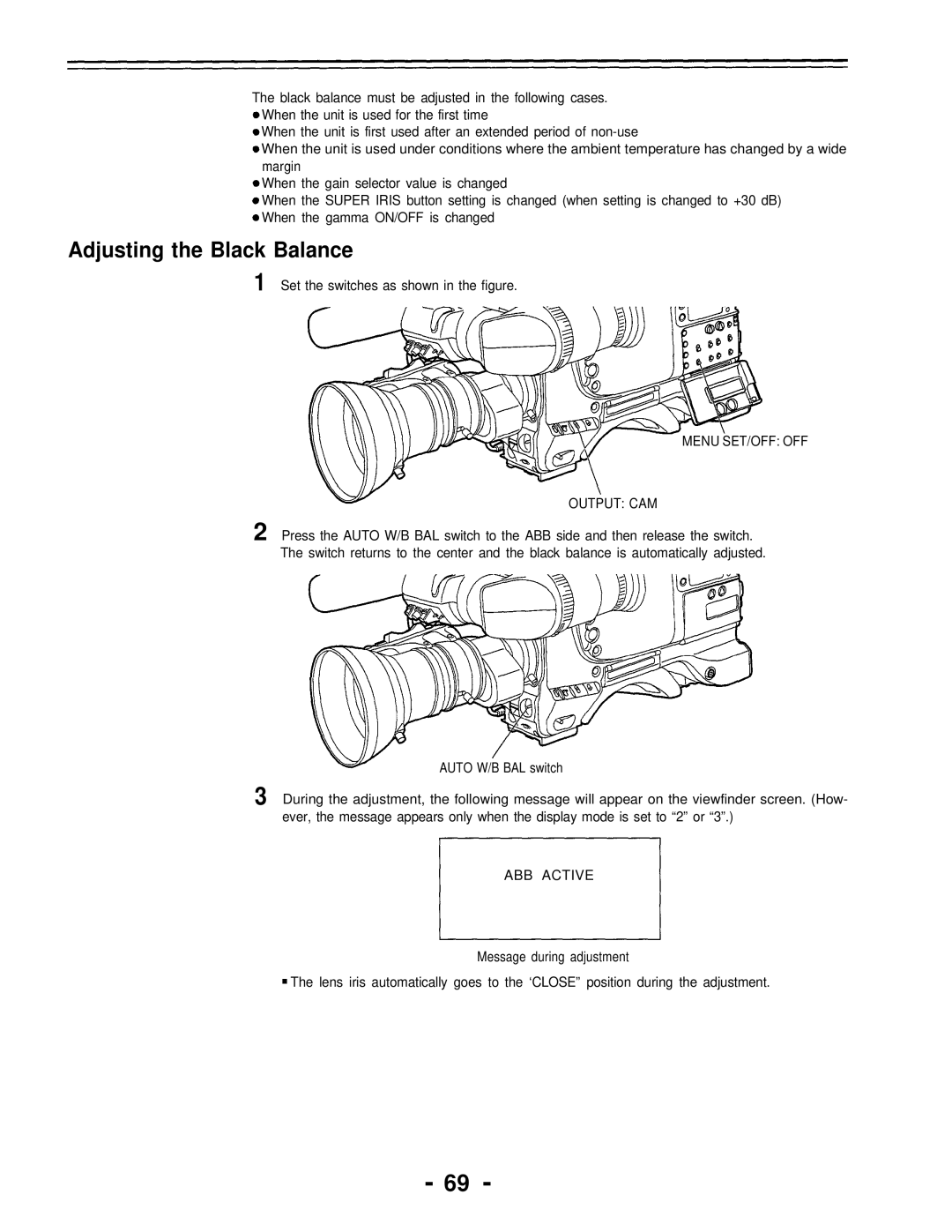 Panasonic AJ-D700P operating instructions Adjusting the Black Balance, Menu SET/OFF OFF 