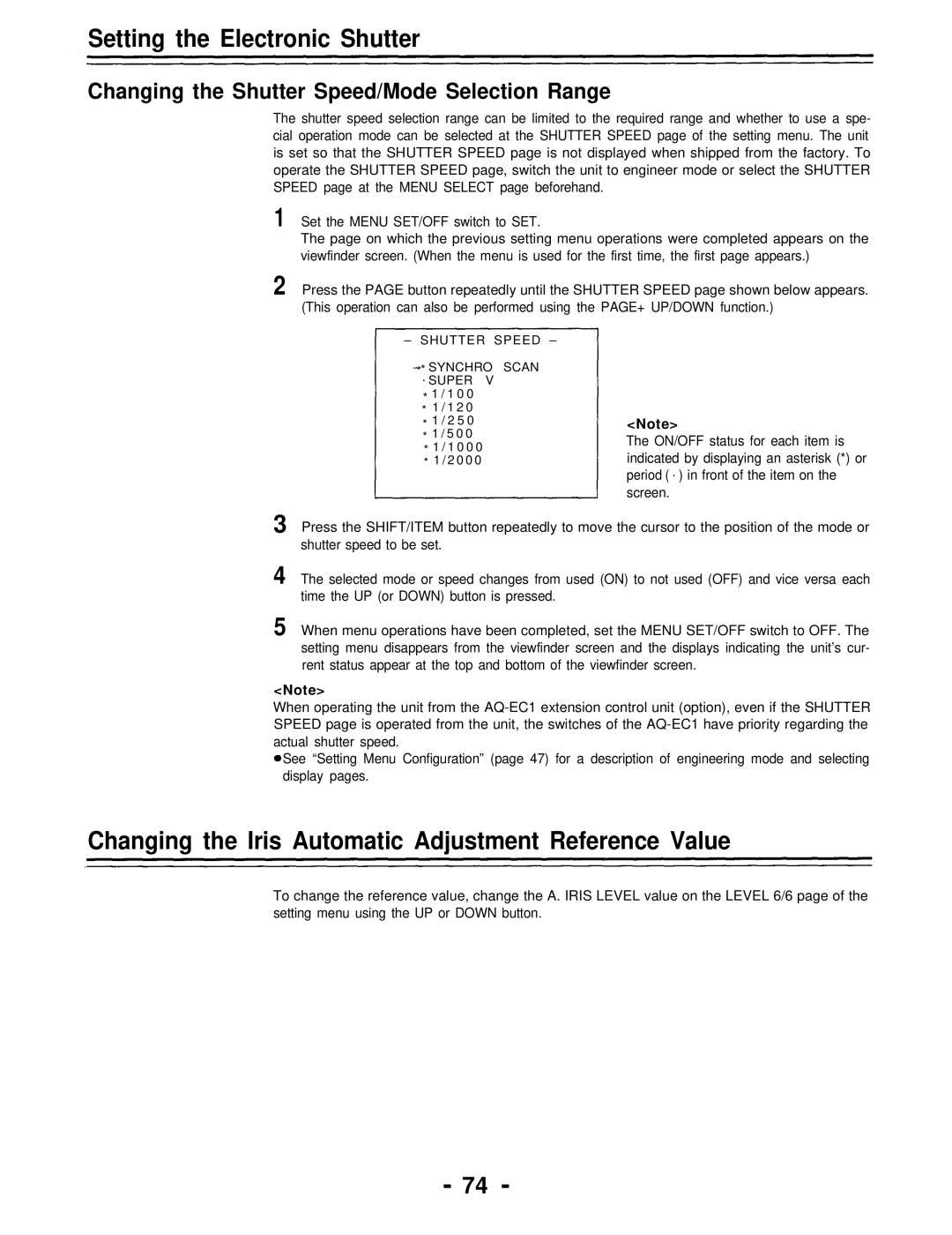 Panasonic AJ-D700P Changing the Iris Automatic Adjustment Reference Value, Changing the Shutter Speed/Mode Selection Range 