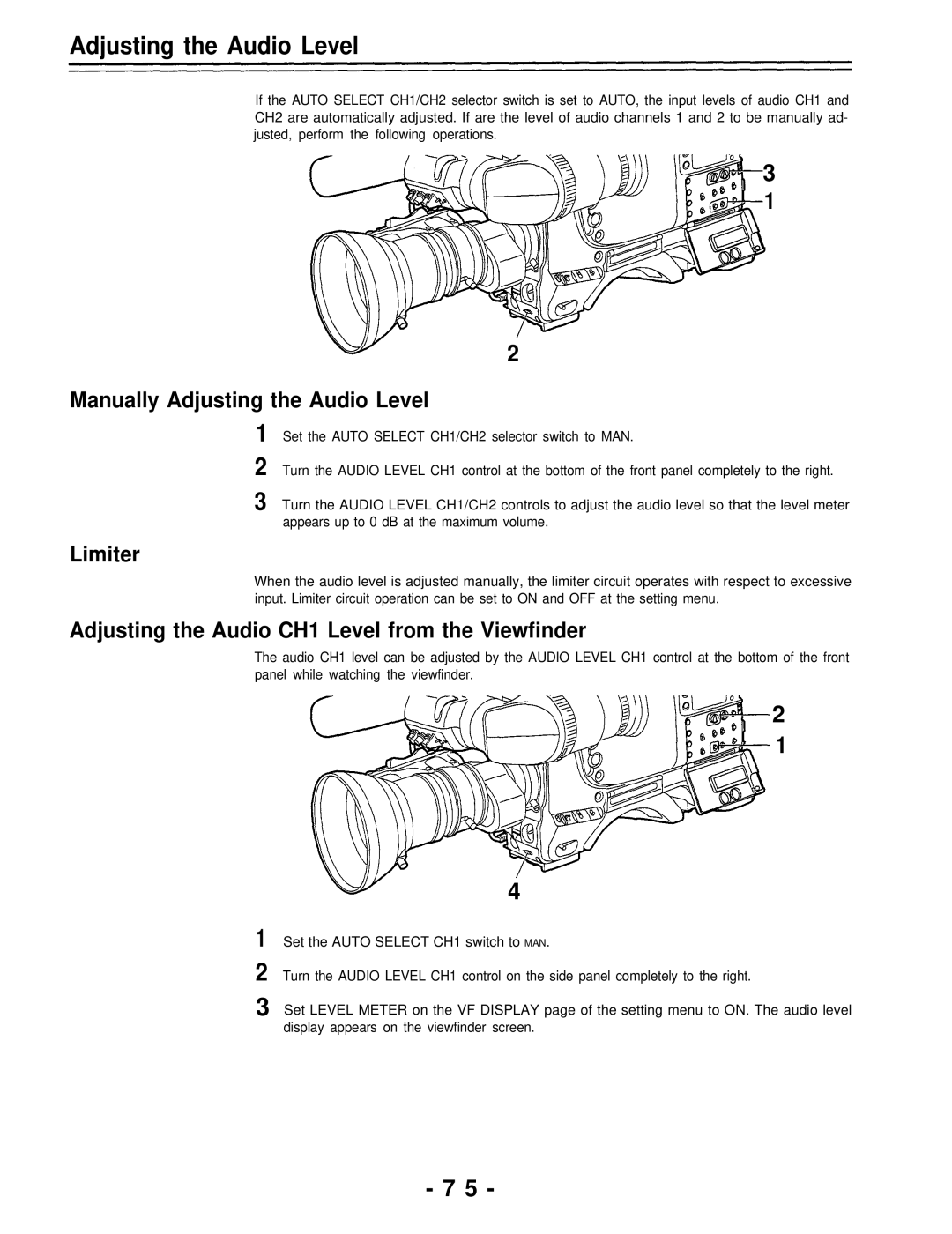 Panasonic AJ-D700P Manually Adjusting the Audio Level, Limiter, Adjusting the Audio CH1 Level from the Viewfinder 