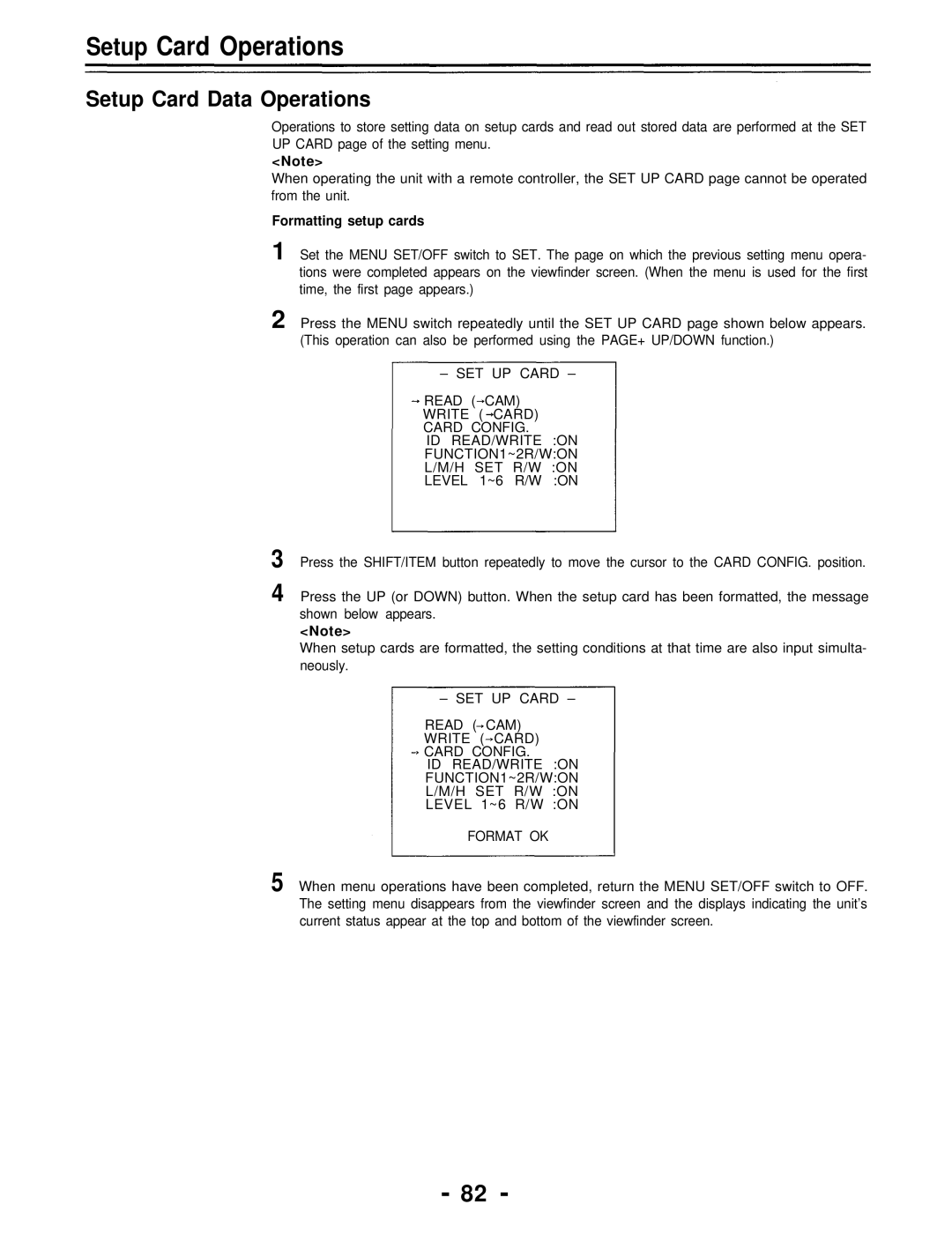 Panasonic AJ-D700P operating instructions Setup Card Data Operations, Formatting setup cards 