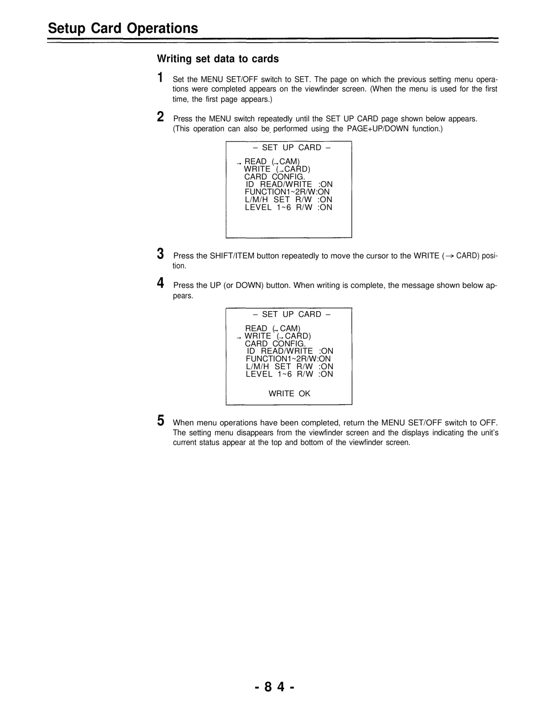 Panasonic AJ-D700P operating instructions Setup Card Operations, Writing set data to cards 