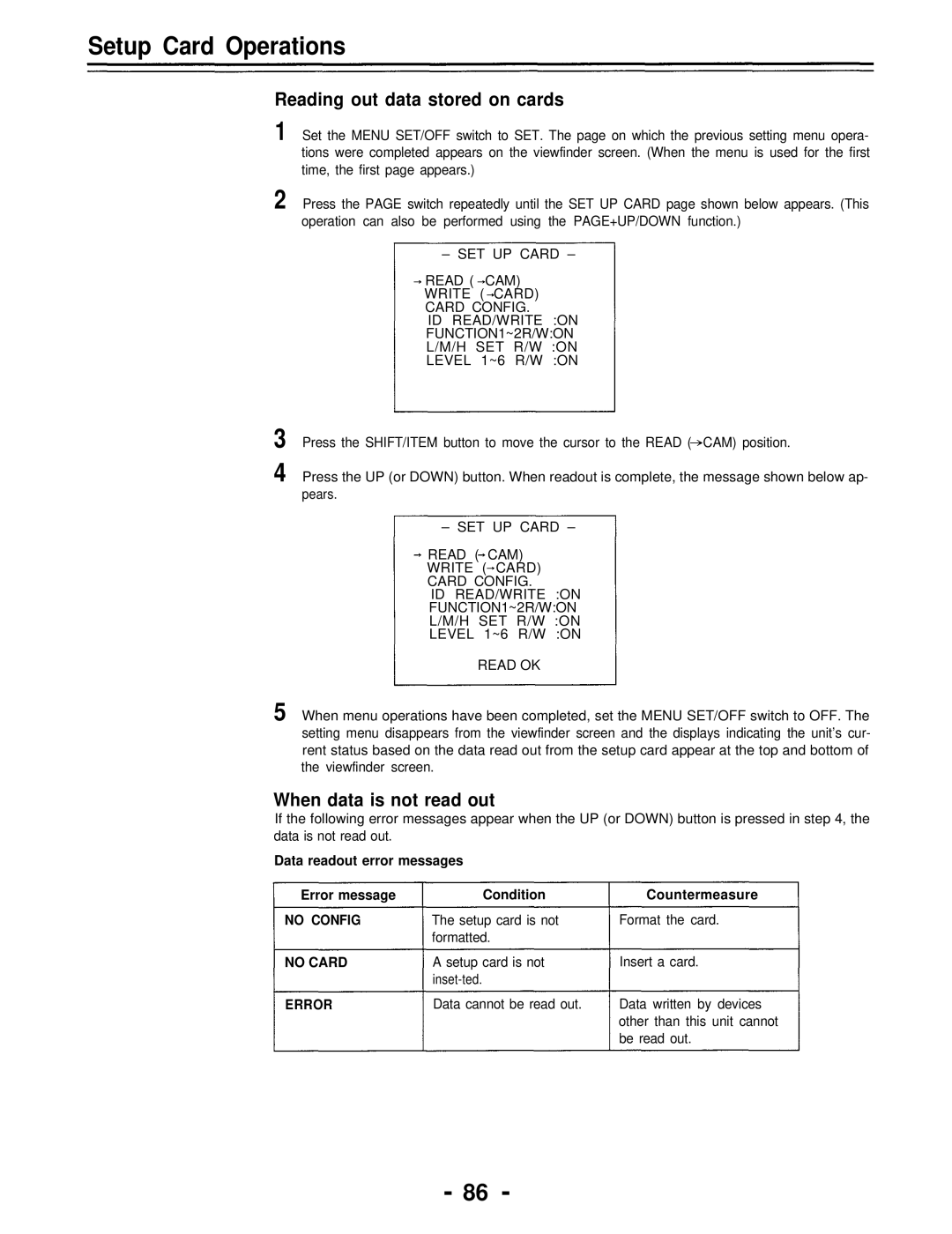 Panasonic AJ-D700P operating instructions Reading out data stored on cards, When data is not read out 