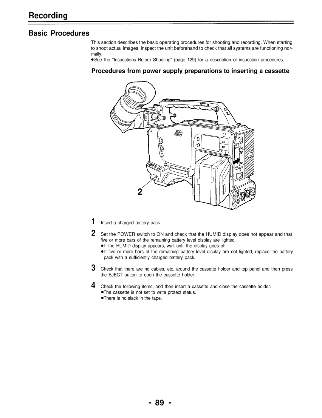 Panasonic AJ-D700P operating instructions Recording, Basic Procedures 