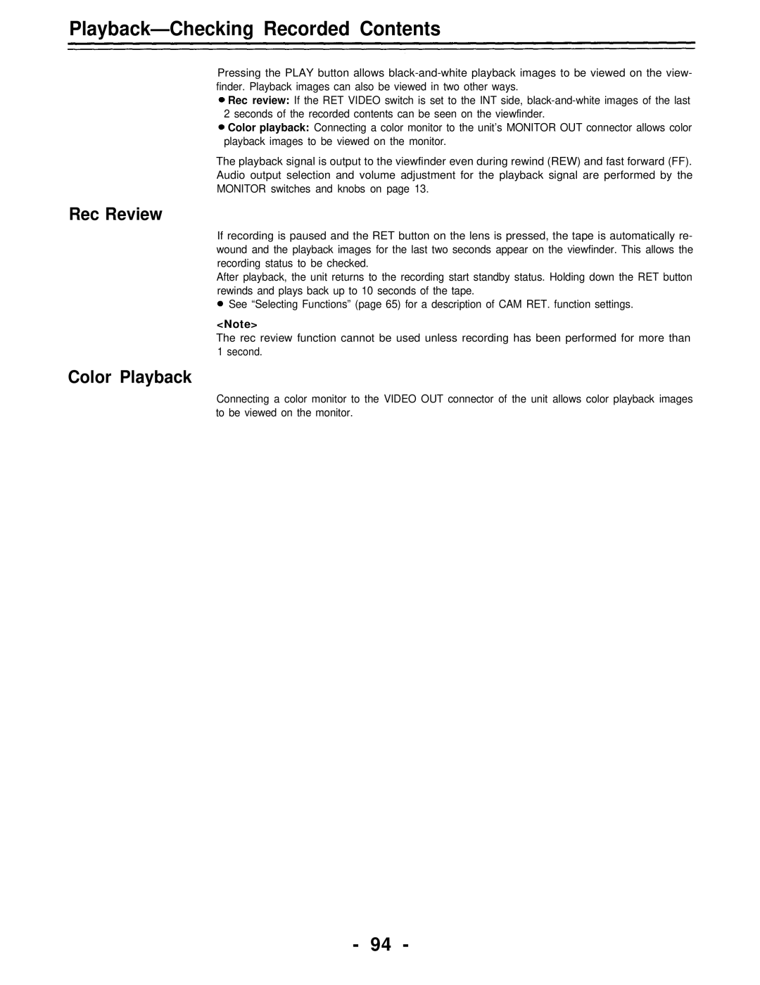 Panasonic AJ-D700P operating instructions Playback- Checking Recorded Contents 