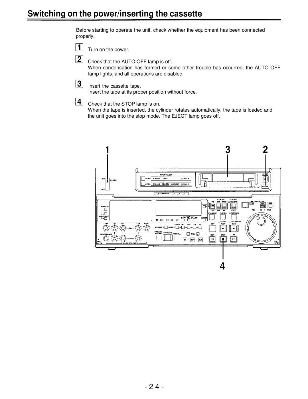 Panasonic AJ-D750P manual Switching on the power/inserting the cassette 