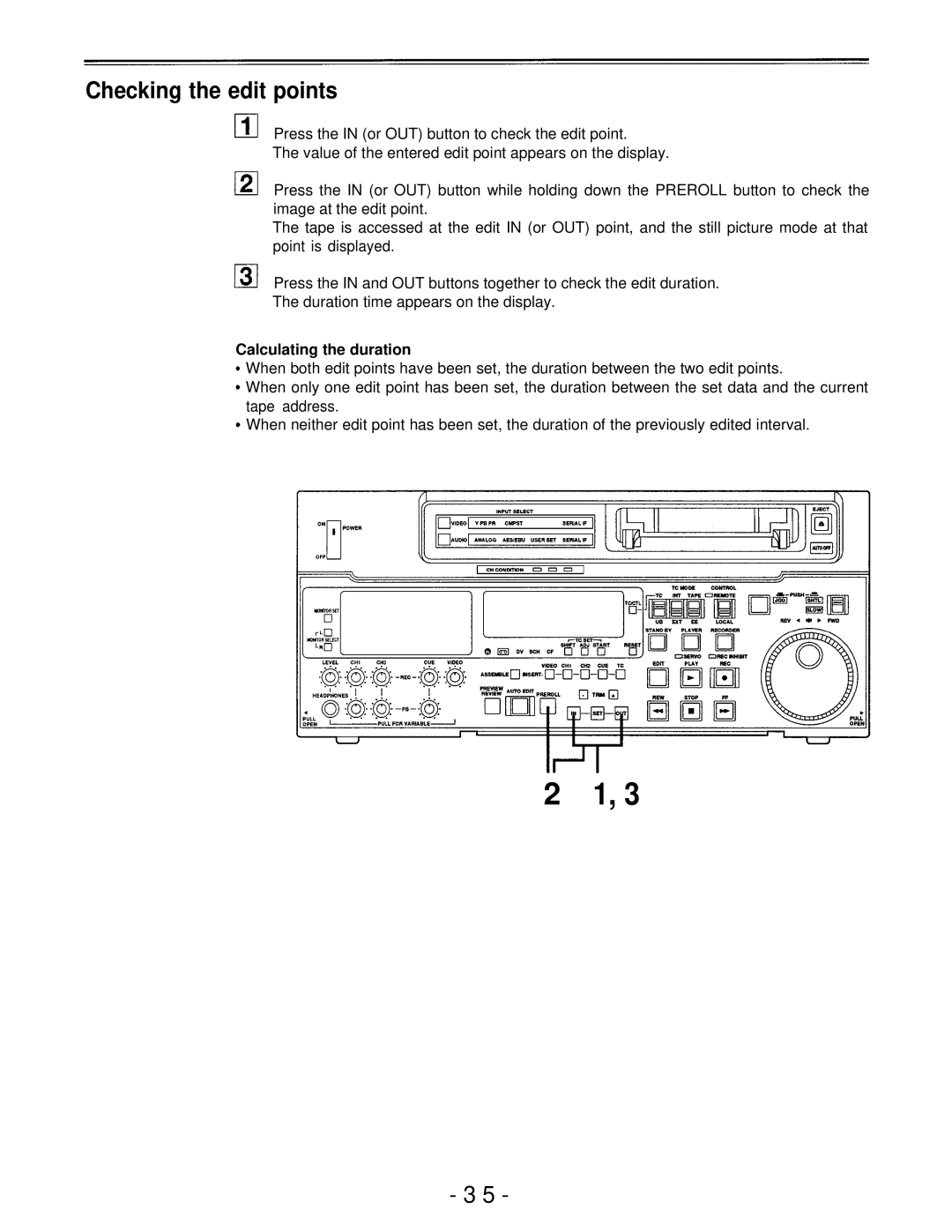 Panasonic AJ-D750P manual Checking the edit points, Calculating the duration 