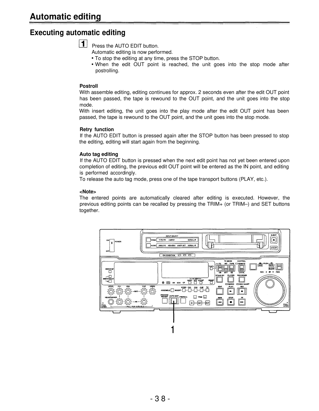 Panasonic AJ-D750P manual Executing automatic editing, Postroll, Retry function, Auto tag editing 