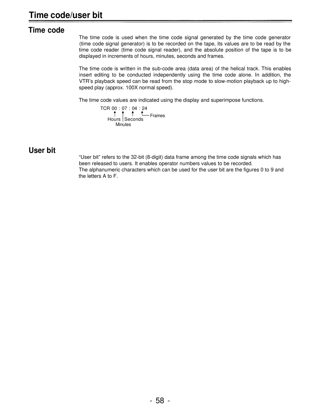 Panasonic AJ-D750P manual Time code/user bit, User bit 