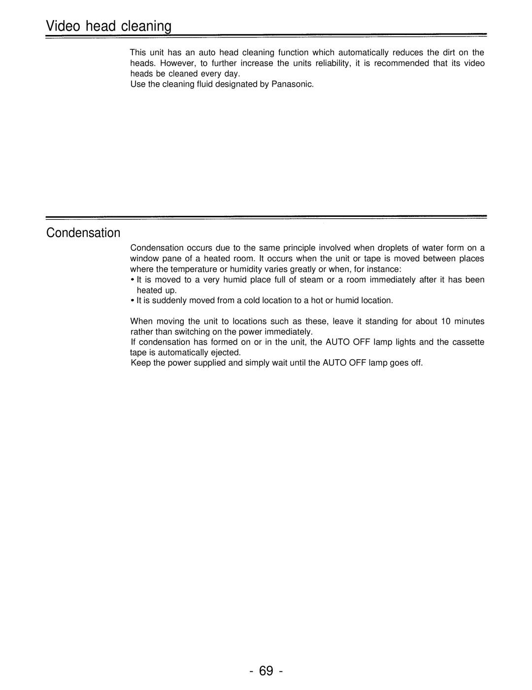 Panasonic AJ-D750P manual Video head cleaning, Condensation 