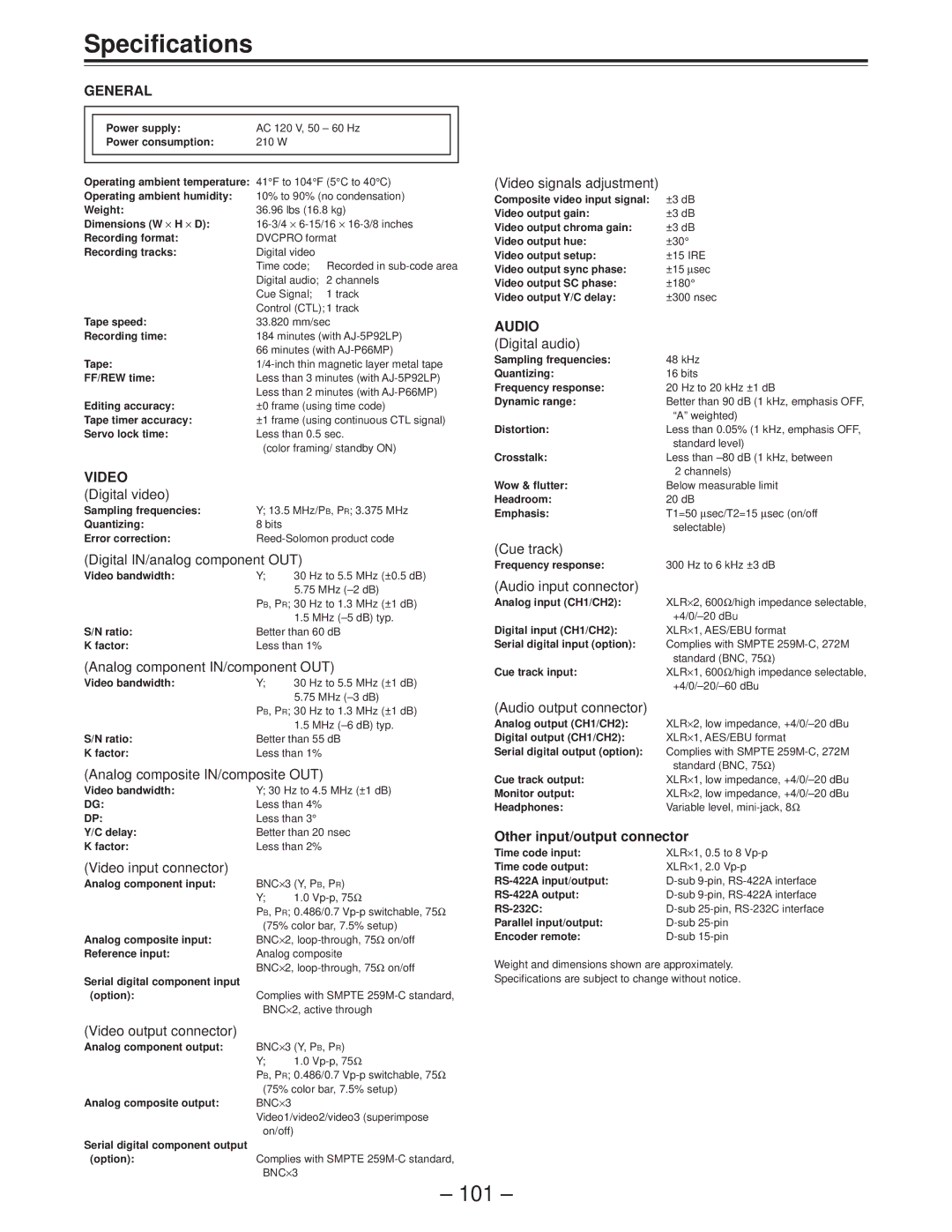 Panasonic AJ-D850P manual Specifications, Other input/output connector 