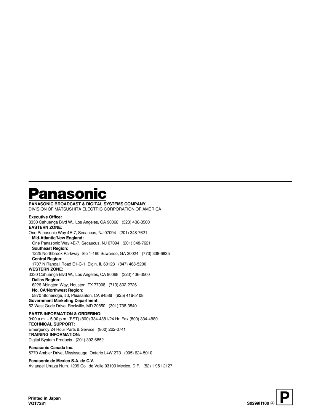 Panasonic AJ-D850P manual Parts Information & Ordering 