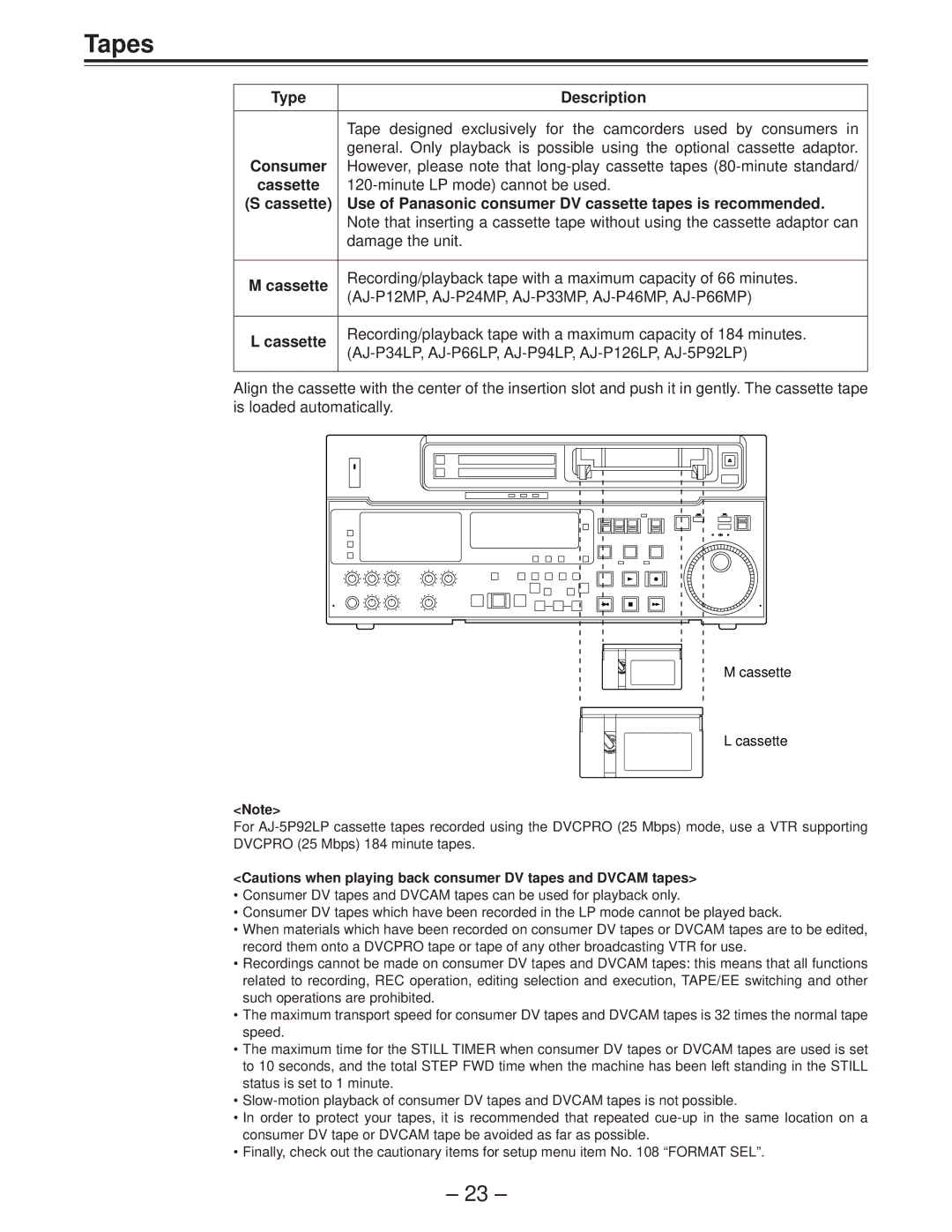 Panasonic AJ-D850P manual Tapes, Type Description, Consumer, Cassette 