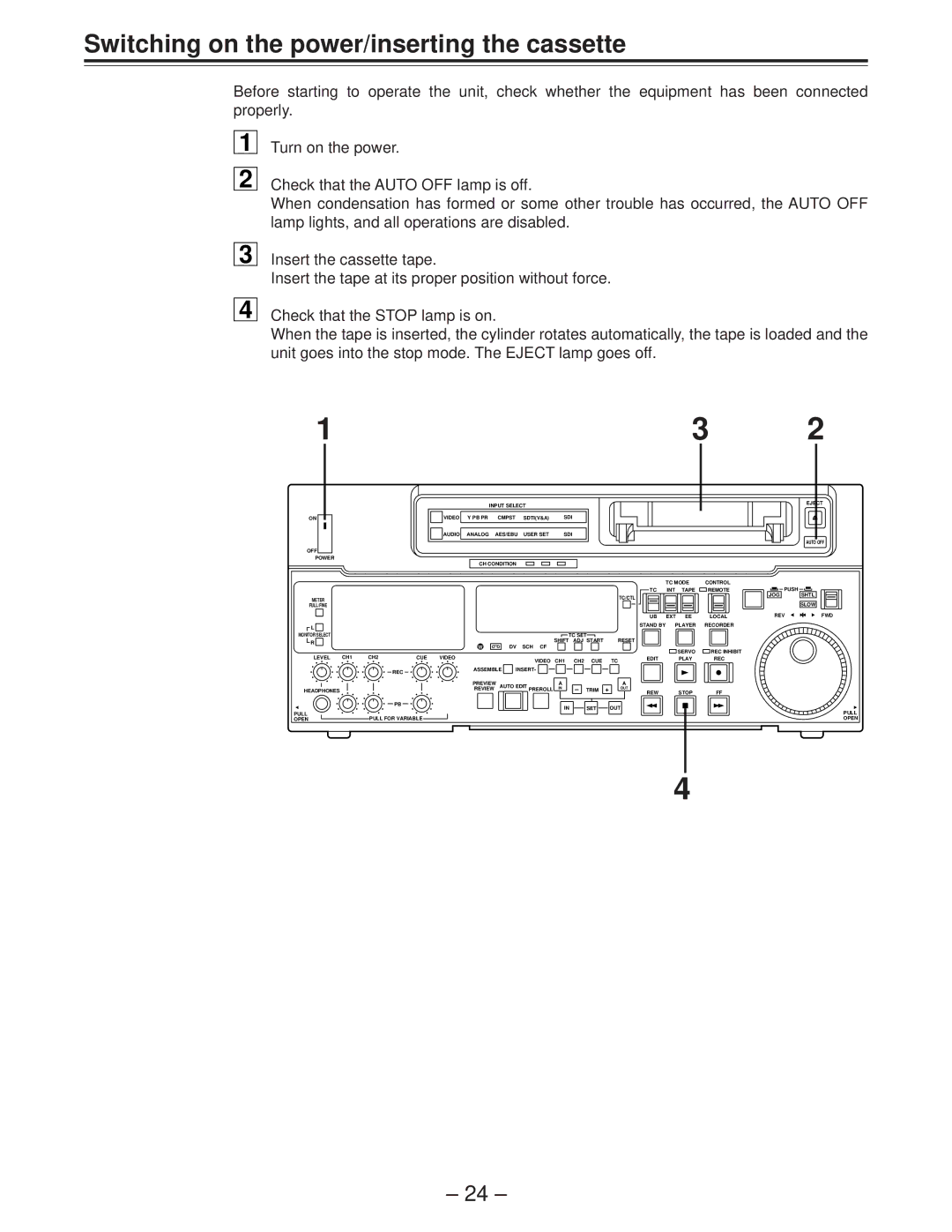 Panasonic AJ-D850P manual Switching on the power/inserting the cassette 