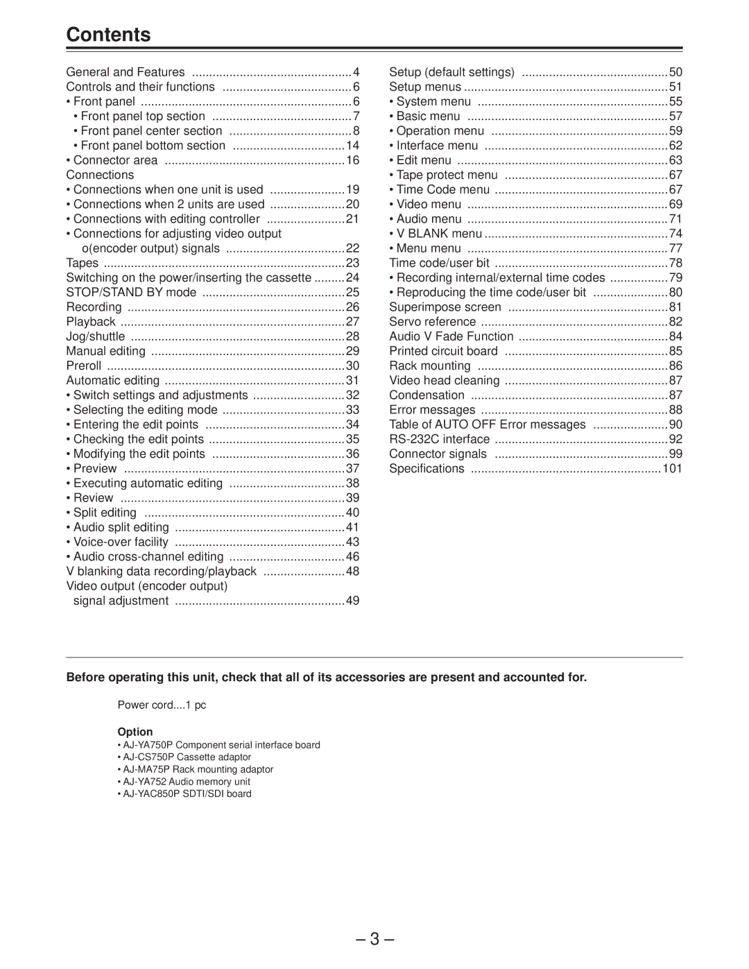 Panasonic AJ-D850P manual Contents 