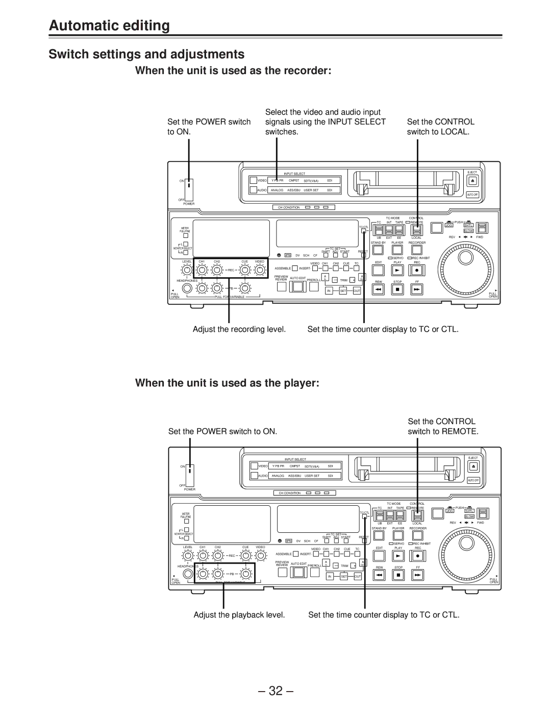 Panasonic AJ-D850P manual Automatic editing, Switch settings and adjustments, When the unit is used as the recorder 