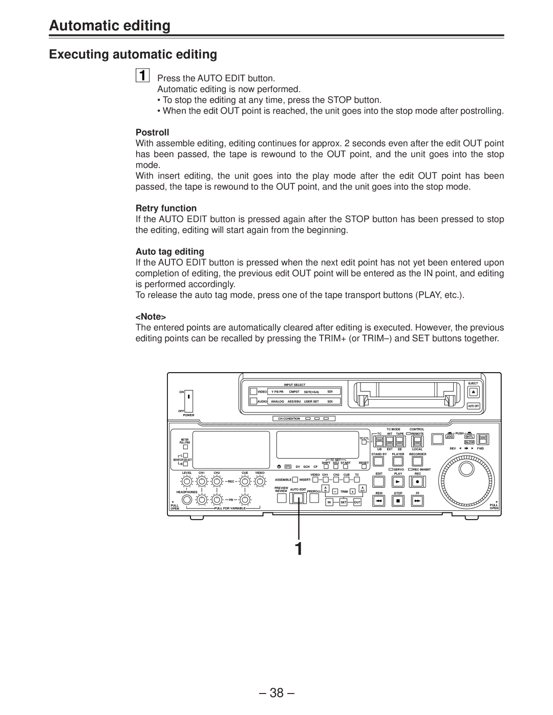 Panasonic AJ-D850P manual Executing automatic editing, Postroll, Retry function, Auto tag editing 