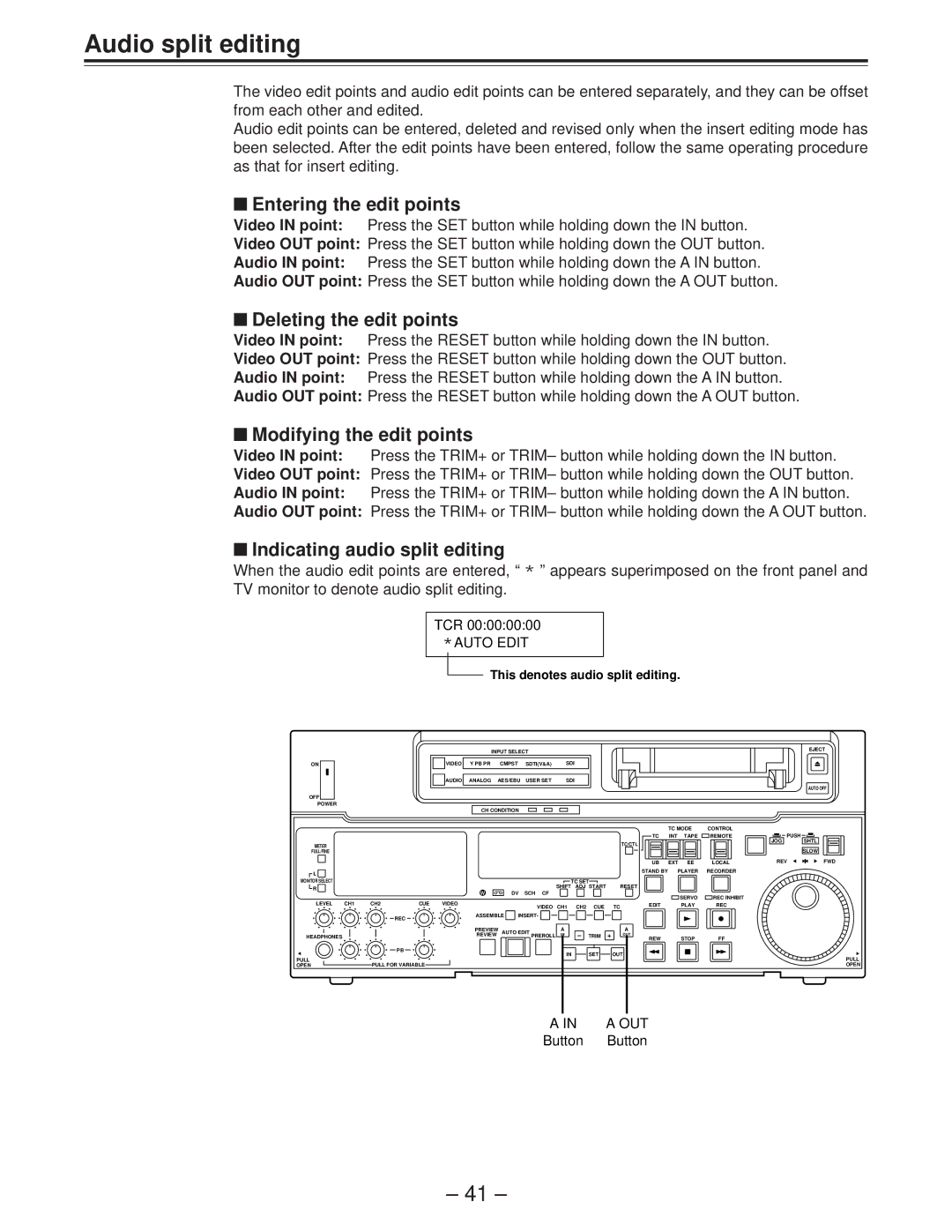 Panasonic AJ-D850P Audio split editing, Entering the edit points, Deleting the edit points, Modifying the edit points 