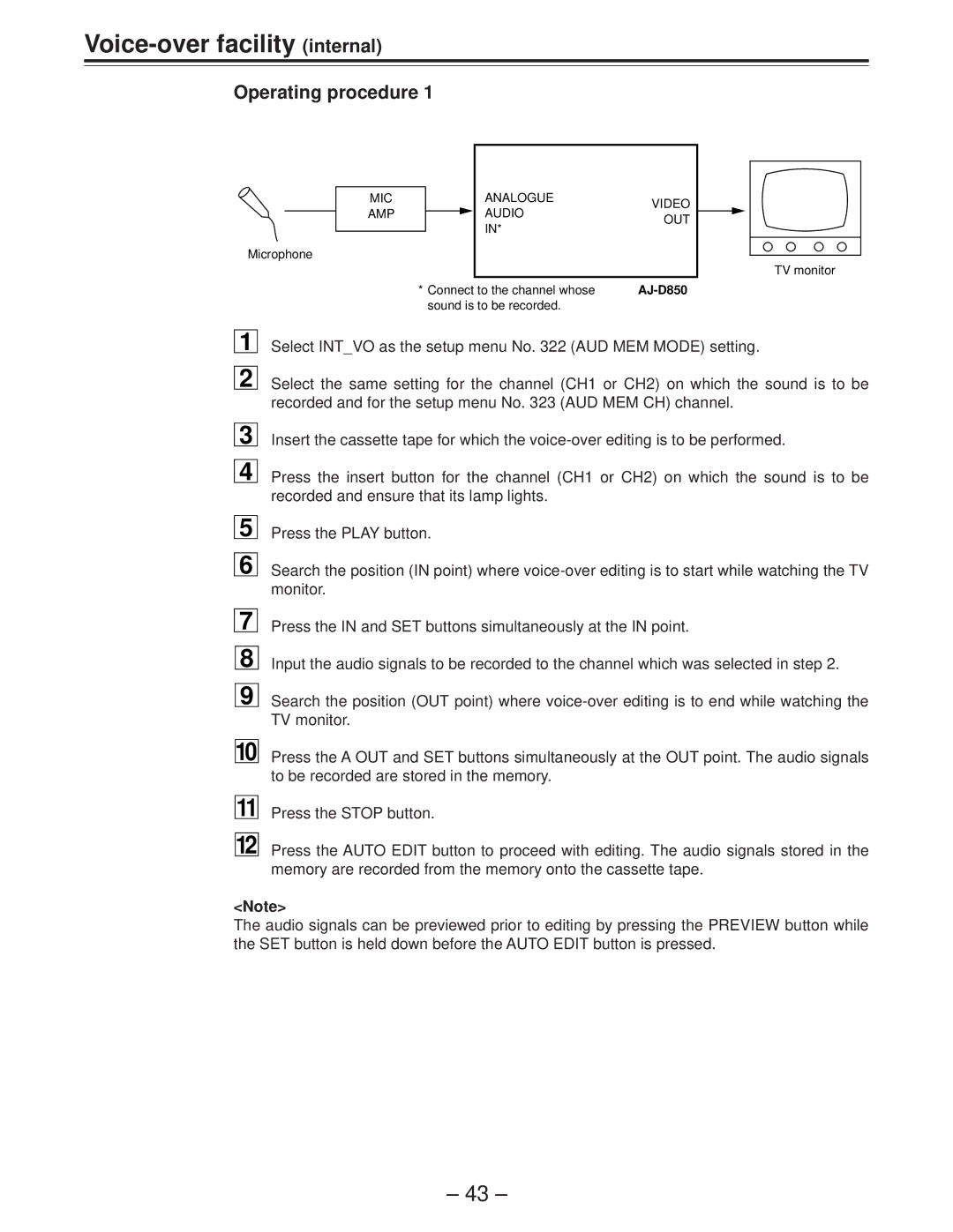 Panasonic AJ-D850P manual Voice-over facility internal, Operating procedure 