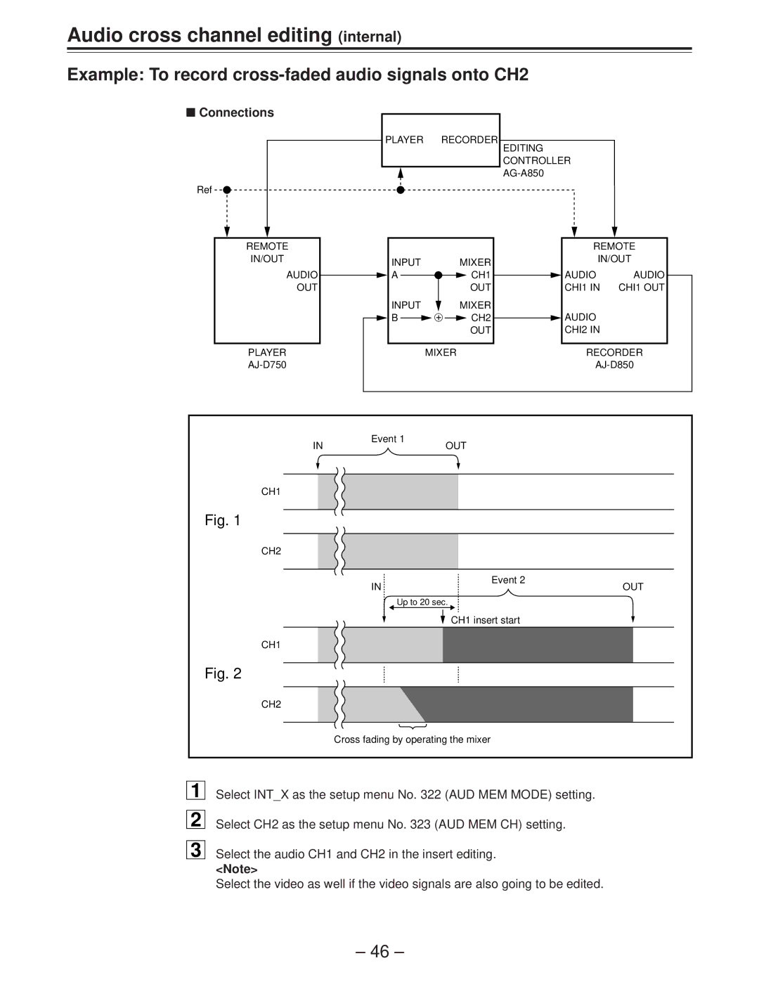 Panasonic AJ-D850P Audio cross channel editing internal, Example To record cross-faded audio signals onto CH2, Connections 