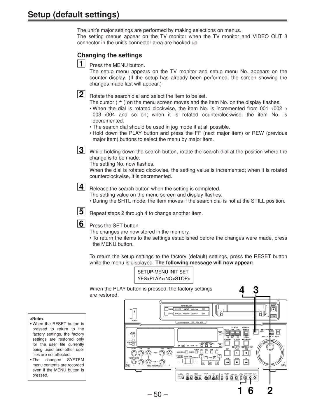 Panasonic AJ-D850P manual Setup default settings, Changing the settings, SETUP-MENU Init SET YESPLAY/NOSTOP 