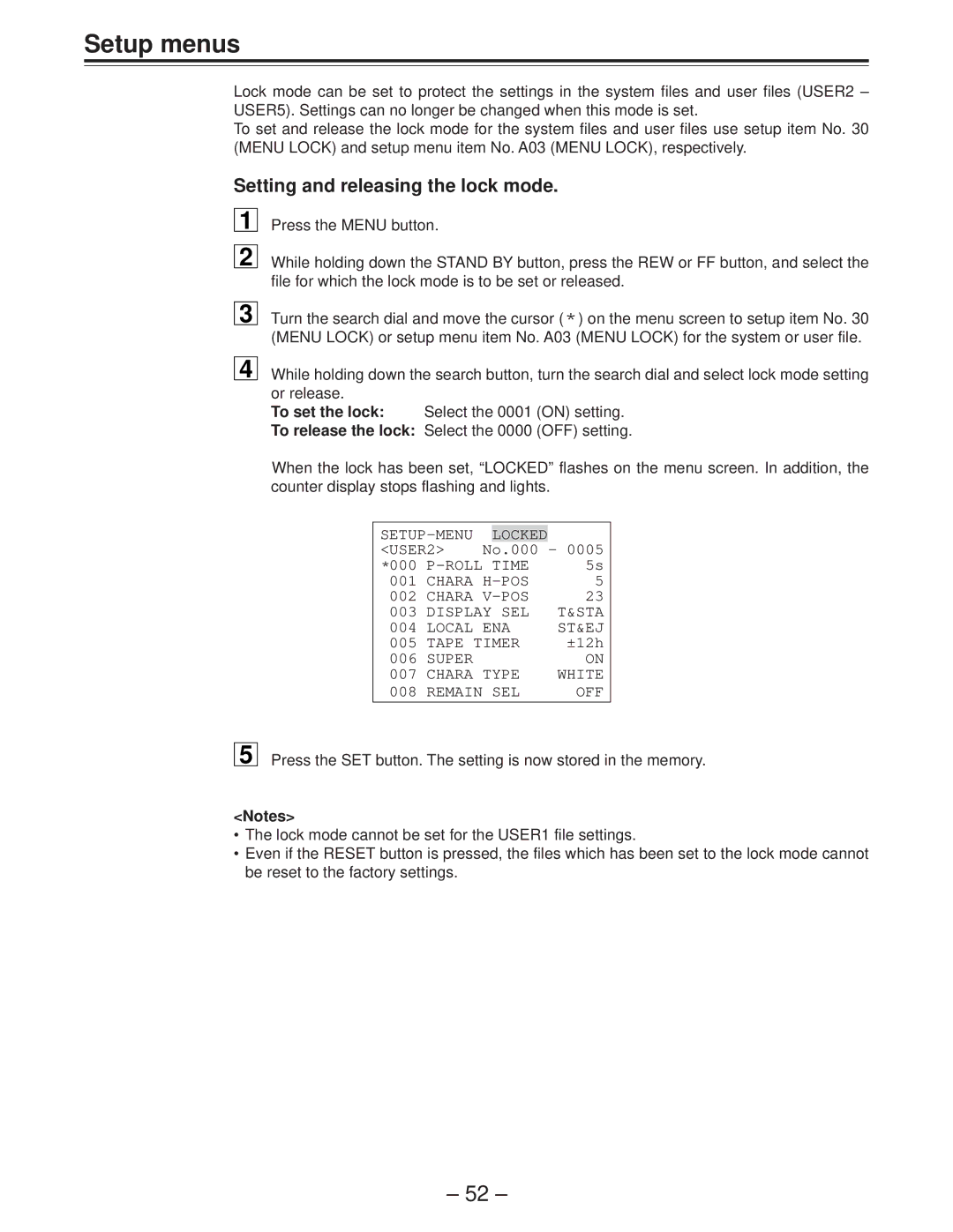 Panasonic AJ-D850P manual Setup menus, Setting and releasing the lock mode 