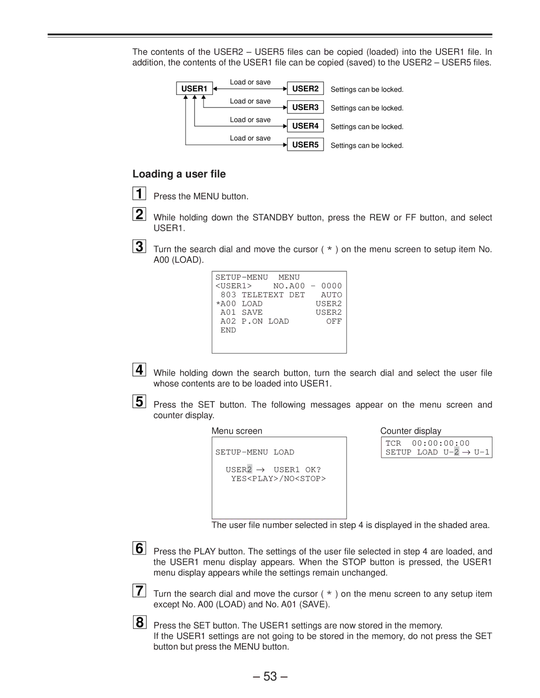 Panasonic AJ-D850P manual Loading a user file, USER1 