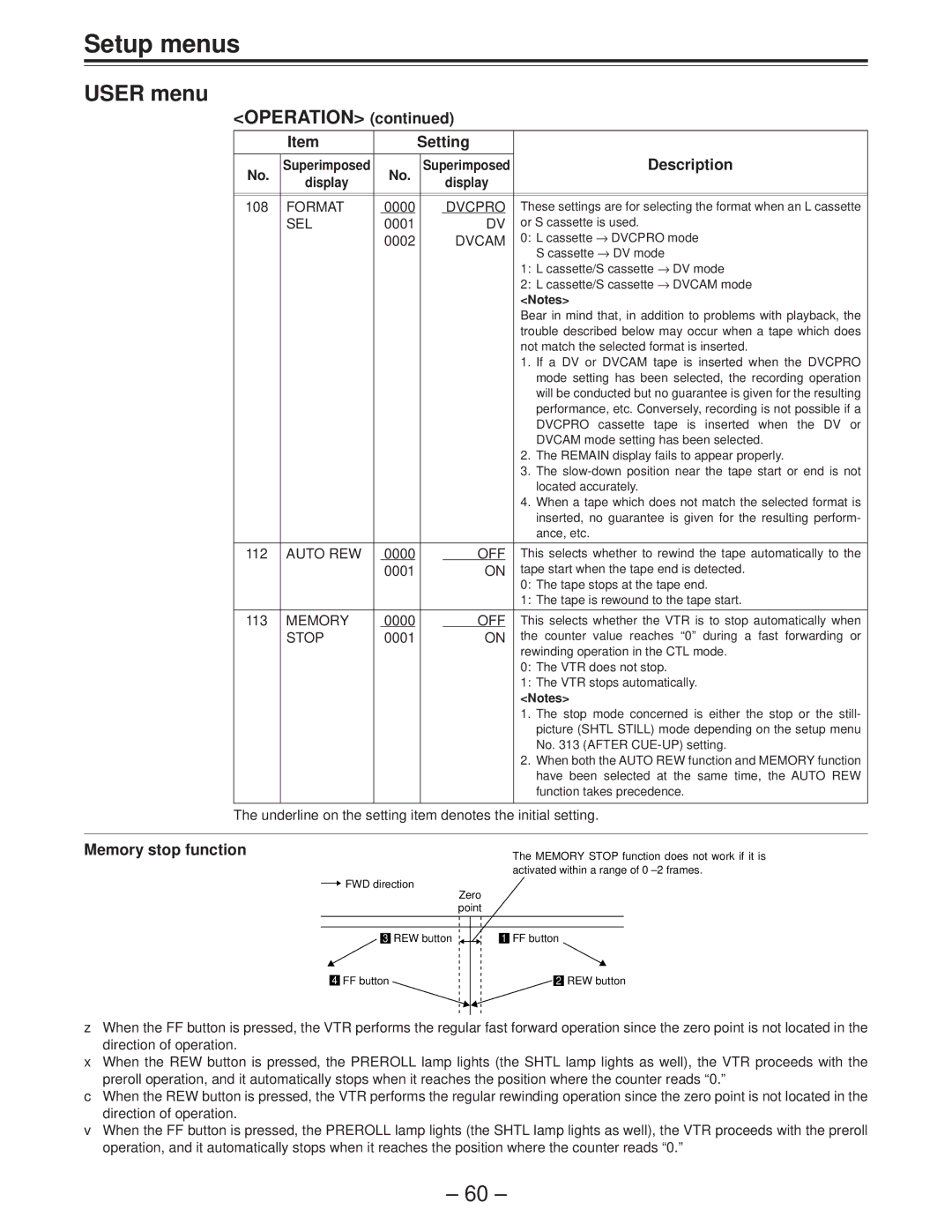 Panasonic AJ-D850P manual Operation, Memory stop function 