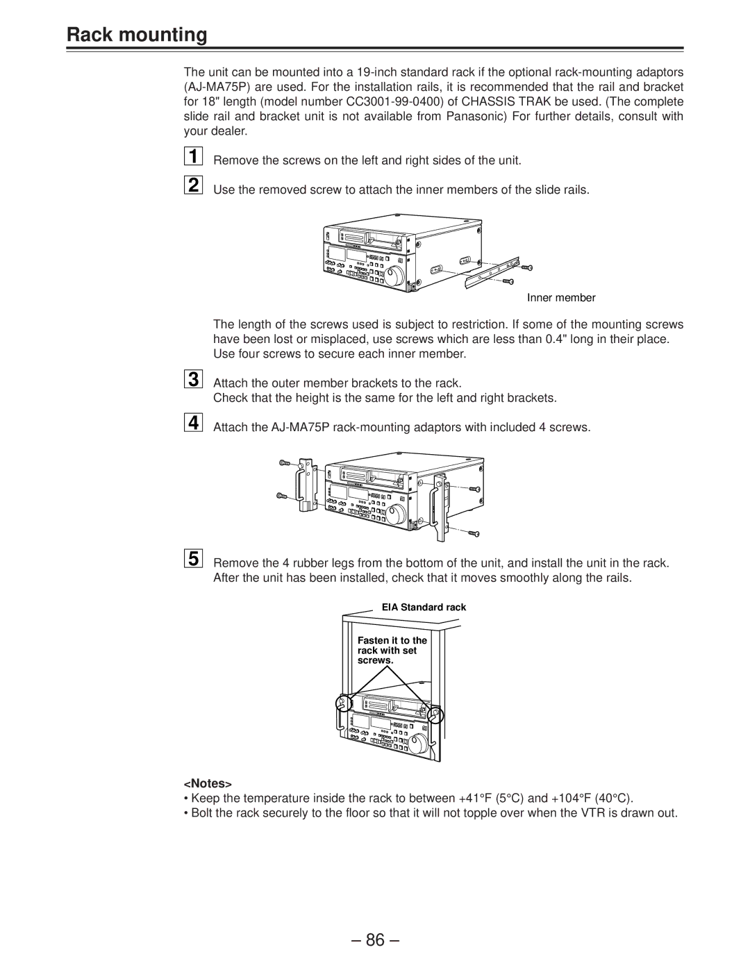 Panasonic AJ-D850P manual Rack mounting, Inner member 