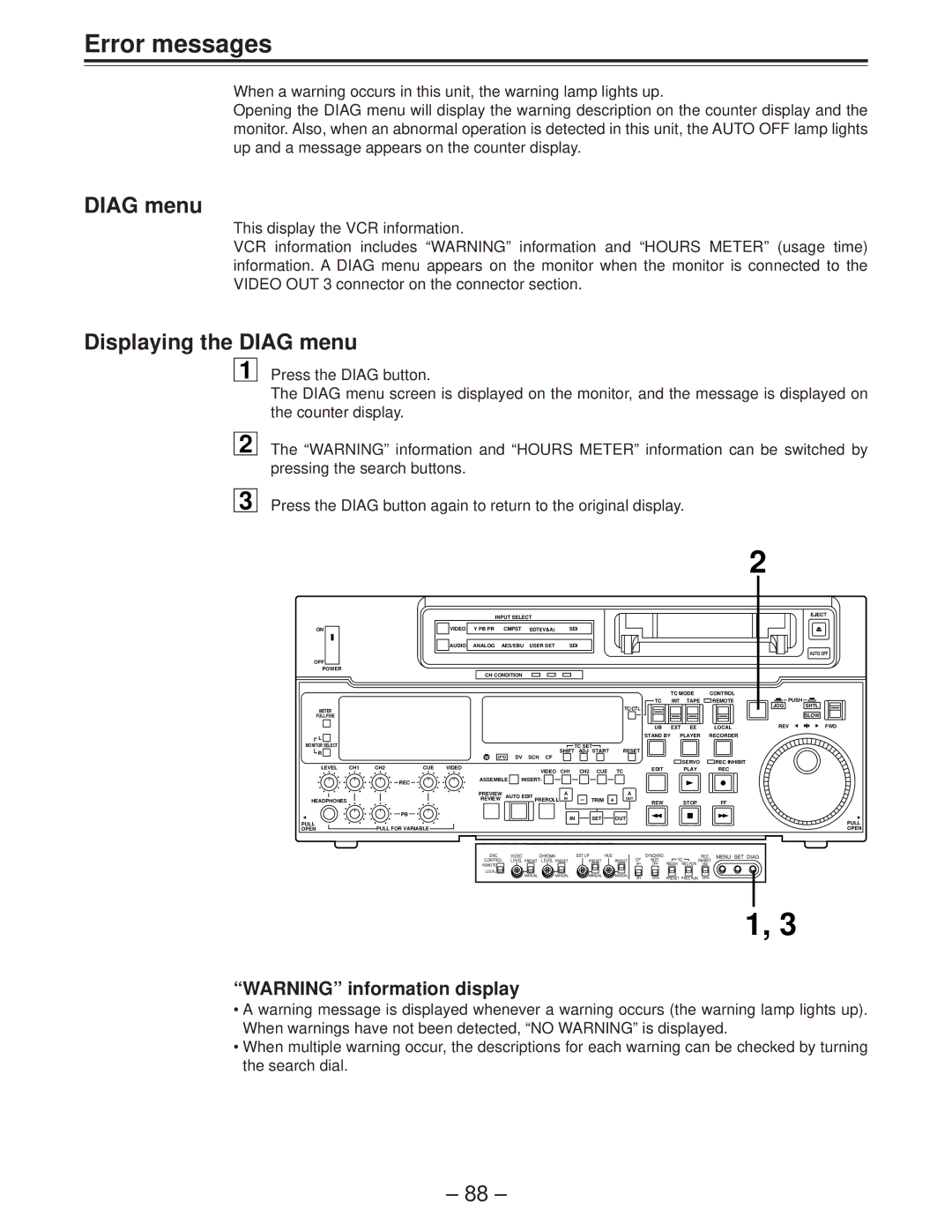 Panasonic AJ-D850P manual Error messages, Displaying the Diag menu 