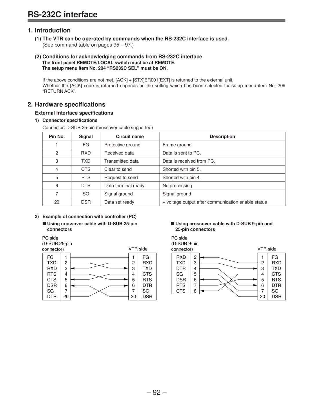 Panasonic AJ-D850P manual RS-232C interface, Introduction, Hardware specifications, External interface specifications 