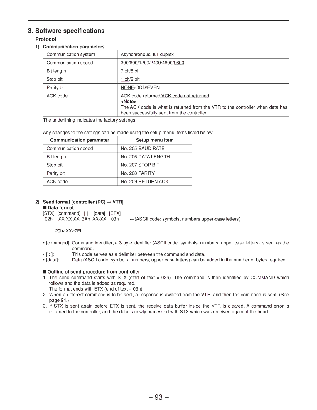 Panasonic AJ-D850P manual Software specifications, Protocol 