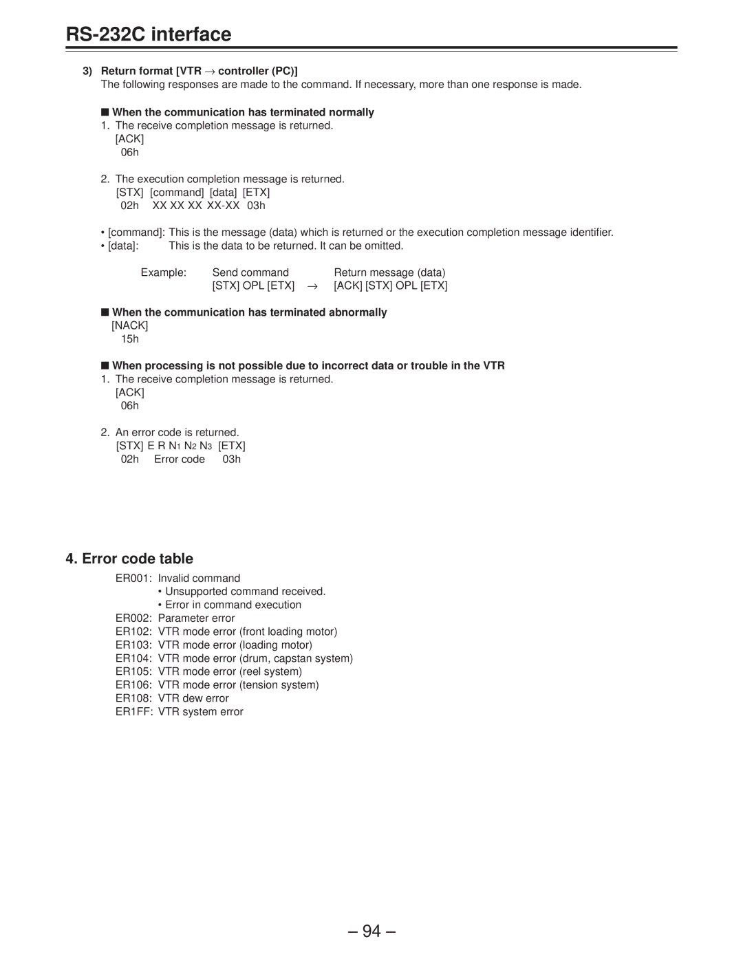 Panasonic AJ-D850P manual Error code table, Return format VTR → controller PC, Ack Stx Opl Etx 