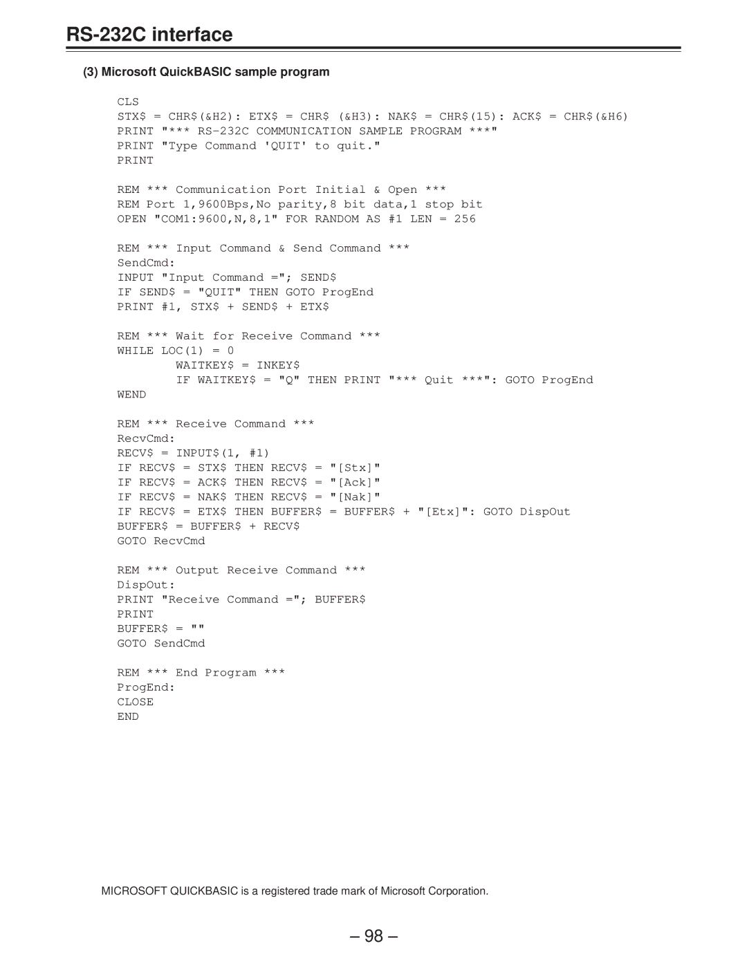 Panasonic AJ-D850P manual Microsoft QuickBASIC sample program, Cls 