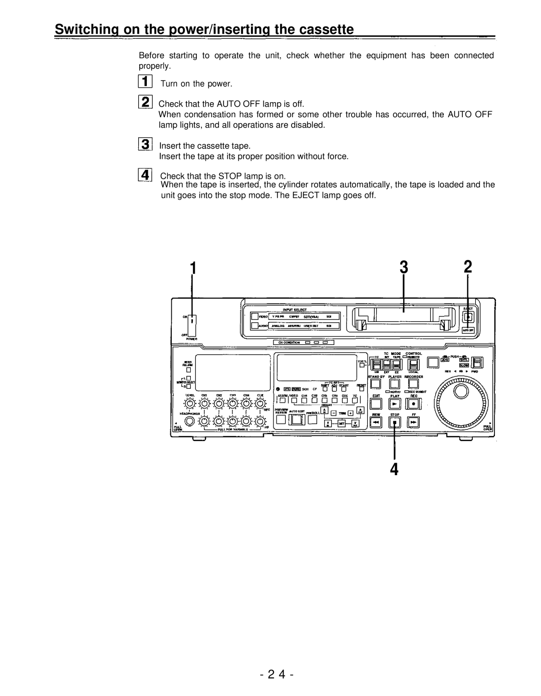 Panasonic AJ-D950, AJ-PD950 manual Switching on the power/inserting the cassette 